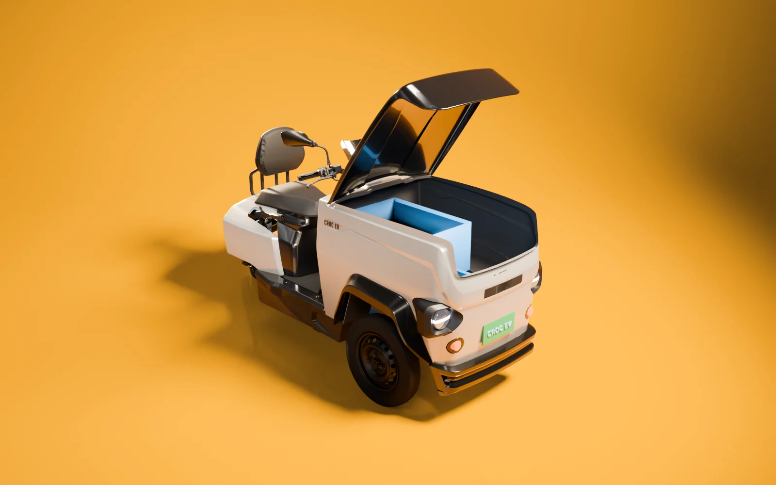 CROC EV with a factory line-side load packed into its open box, studio render of the production CAD