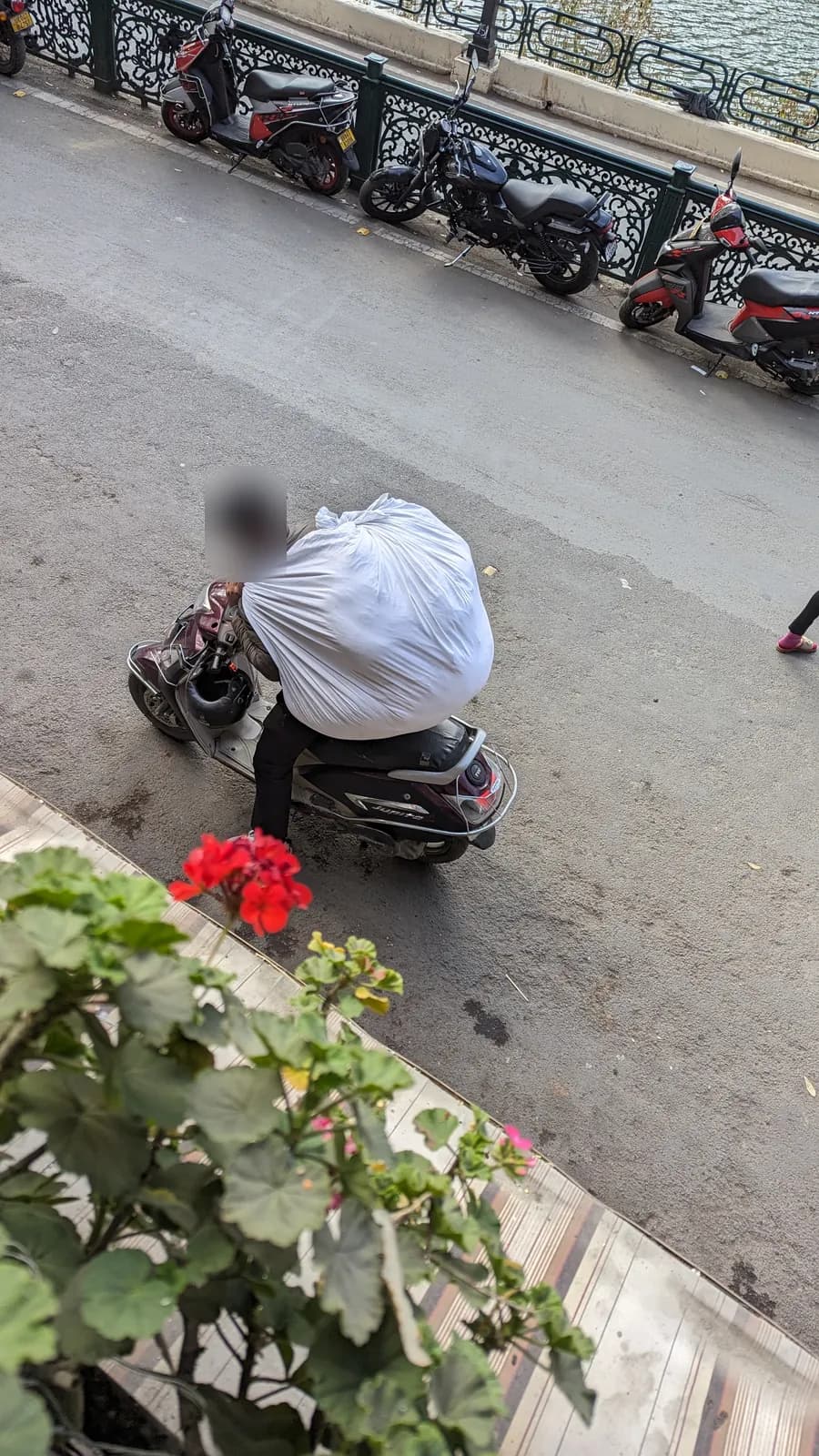 Seen from above, a rider on a scooter carrying a large white sack on the back