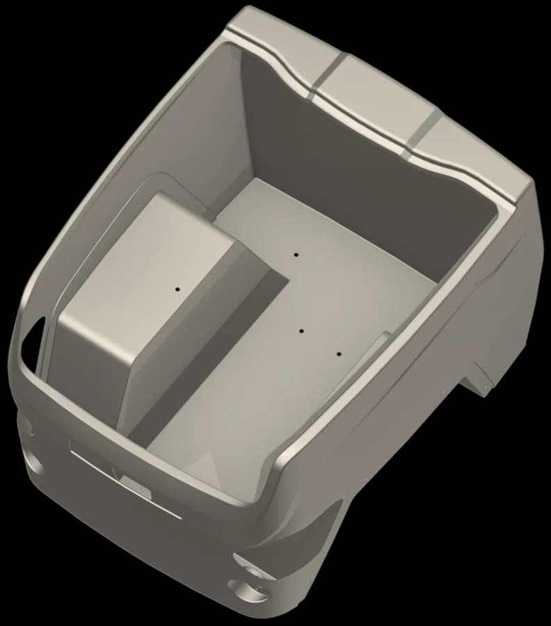 The empty CROC EV cargo box from the front and above, from the CAD