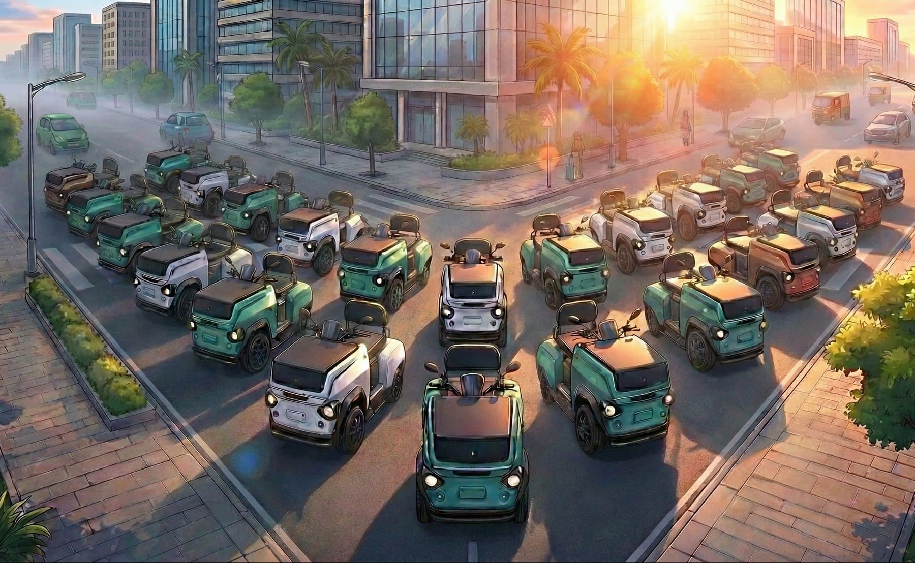 Illustration of a large group of CROC EVs in teal, white and darker colours parked in rows at a city junction at sunrise.