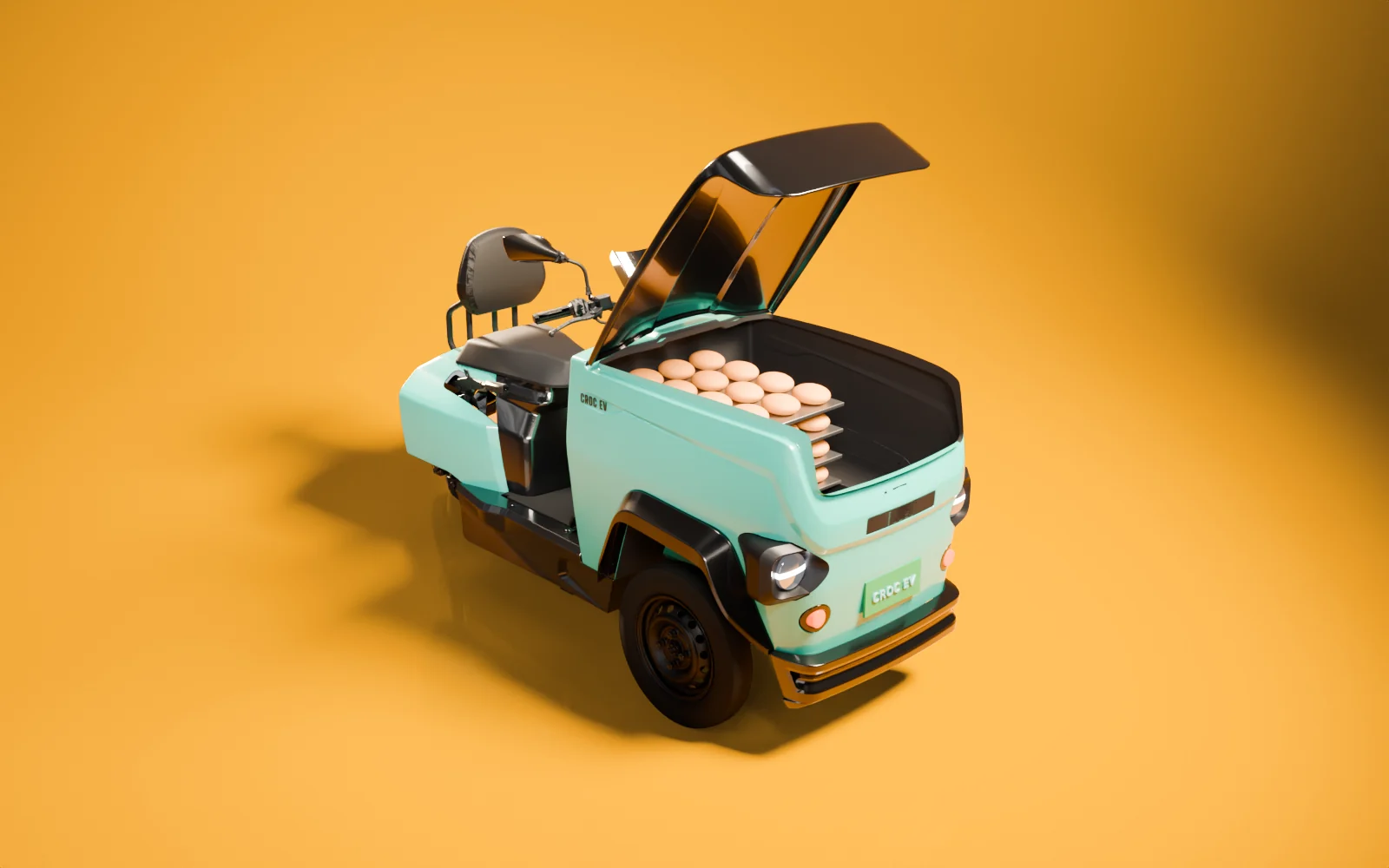 Studio render of a teal CROC EV with its front box lid raised and trays of bread buns inside, made from the production CAD.