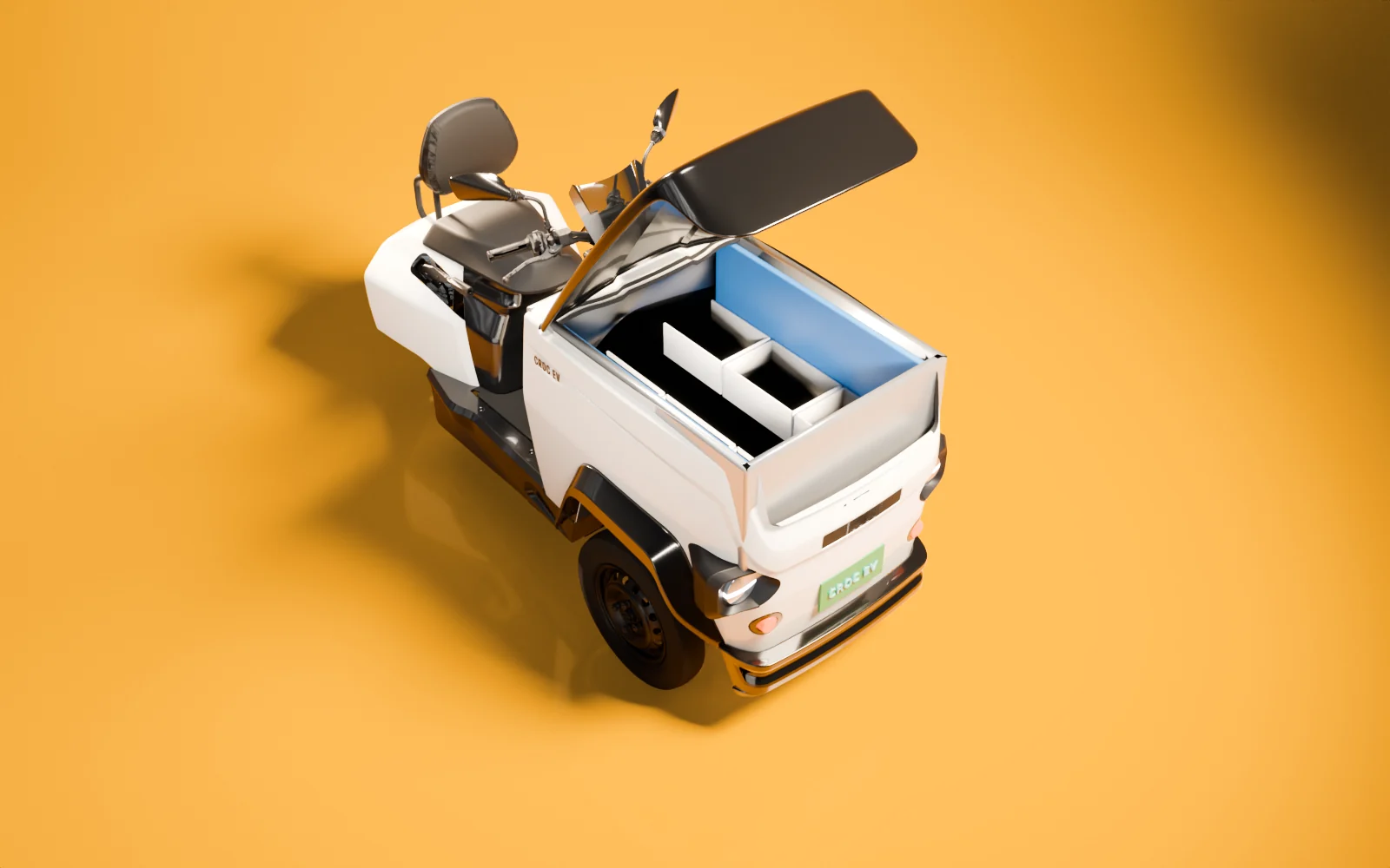 CROC EV with a cold chain load packed into its open box, studio render of the production CAD