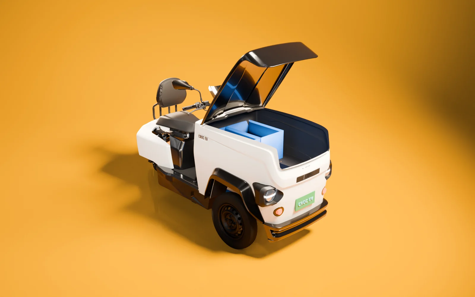 CROC EV with a milk crates load packed into its open box, studio render of the production CAD