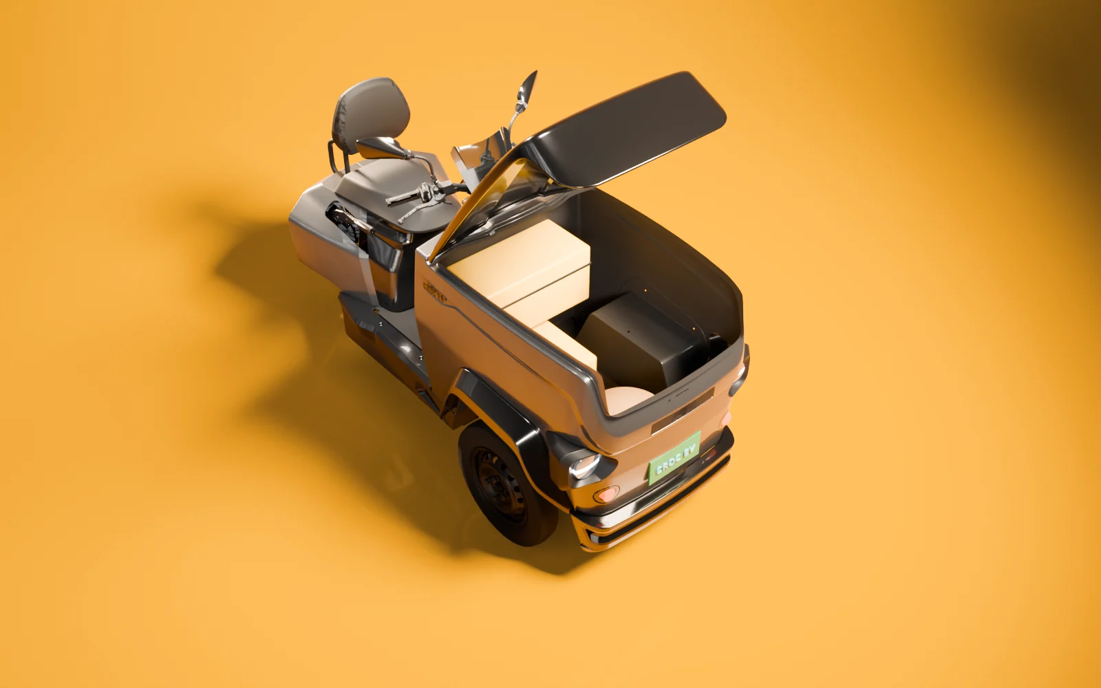 Studio render of a CROC EV seen from above with its front box lid raised, holding tool cases and a cable drum, made from the production CAD.