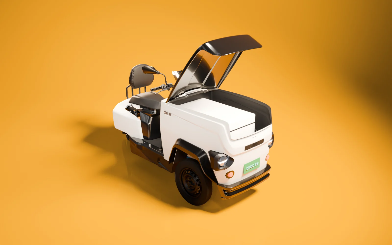 Studio render of a white CROC EV with its front box lid raised and a boxed unit inside, made from the production CAD.
