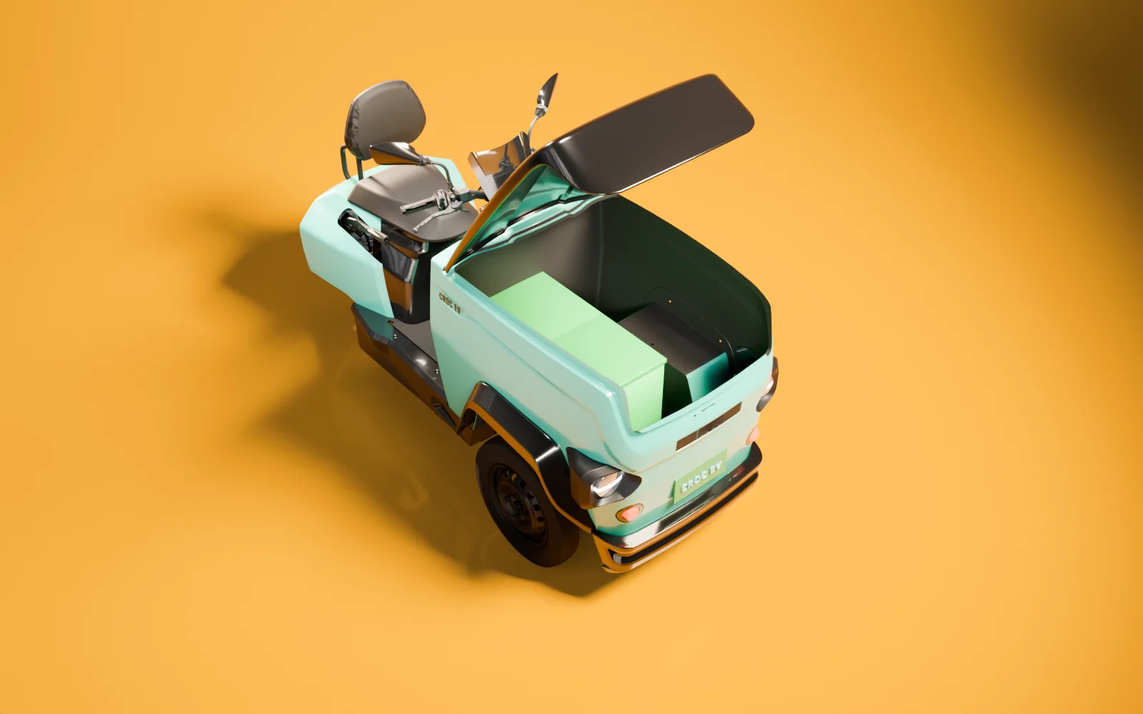 Studio render of a teal CROC EV seen from above with its front box lid raised and two lidded segregation bins inside, made from the production CAD.