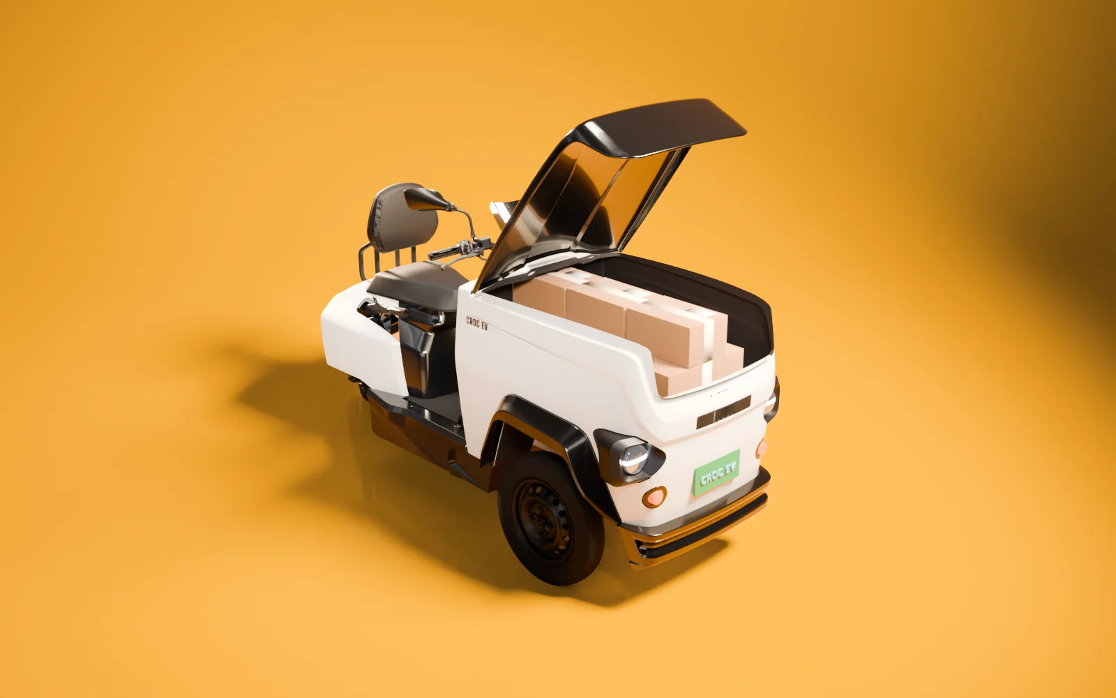Studio render of a white CROC EV with its front box lid raised and cartons of parcels stacked inside, made from the production CAD.