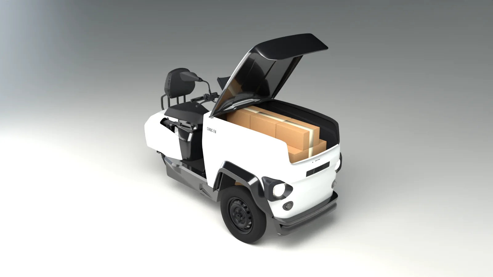 CROC EV carrying a last-mile parcels load, render of the production CAD